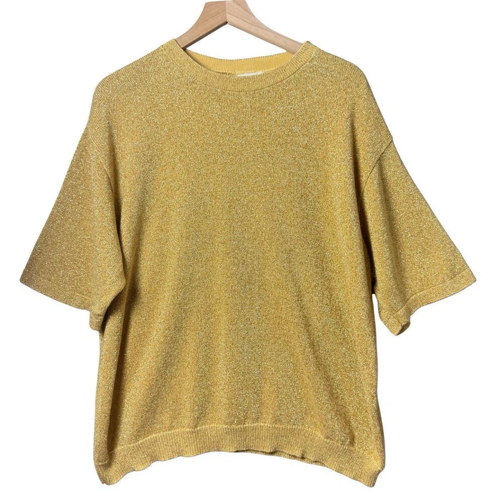Alfred Dunner Petite M Gold Metallic Knit Short Sleeve Sweater USA Sparkle 2X